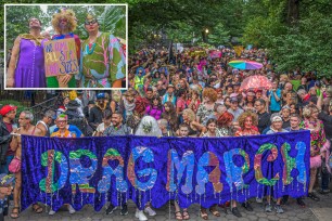 The Drag March winds its way through the East Village on Friday.