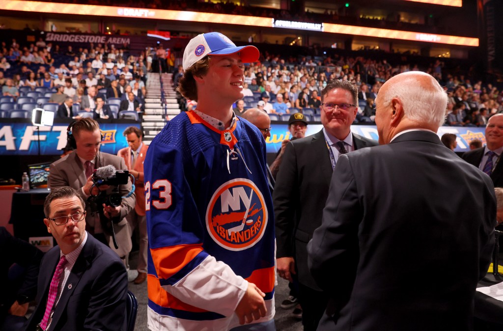 Danny Nelson celebrates after being selected 49th overall pick by the New York Islanders.