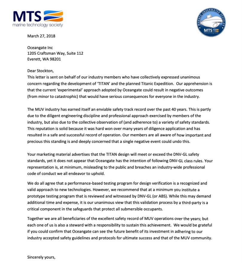 The MTS sent a letter to OceanGate in March 2018 regarding the worries of several industry experts.