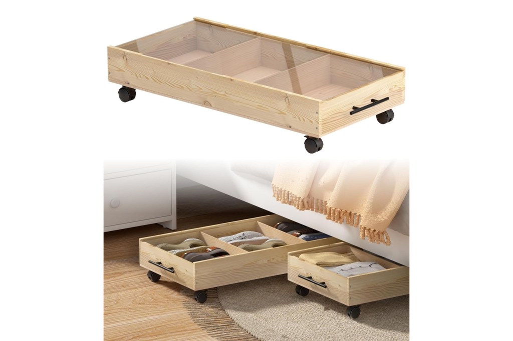 A wooden tray with a glass top and a glass bottom drawer