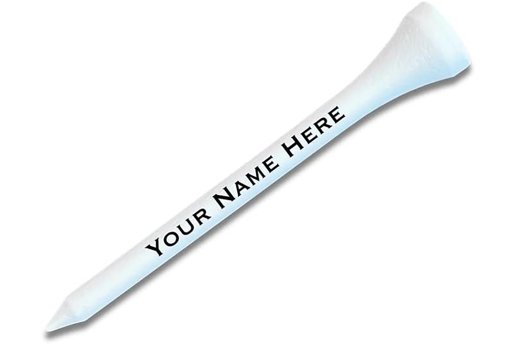 Golf tee with the words "Your name here" on it