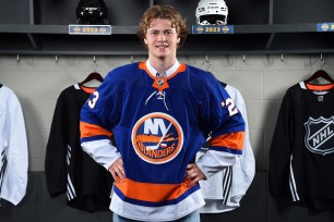 Danny Nelson poses for a portrait after being selected 49th overall by the New York Islanders during the 2023 NHL Draft.
