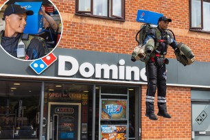 Pizza giant Domino's trialed their first ever delivery by jetpack on Sunday to festival-goers attending the Glastonbury Festival in the UK.