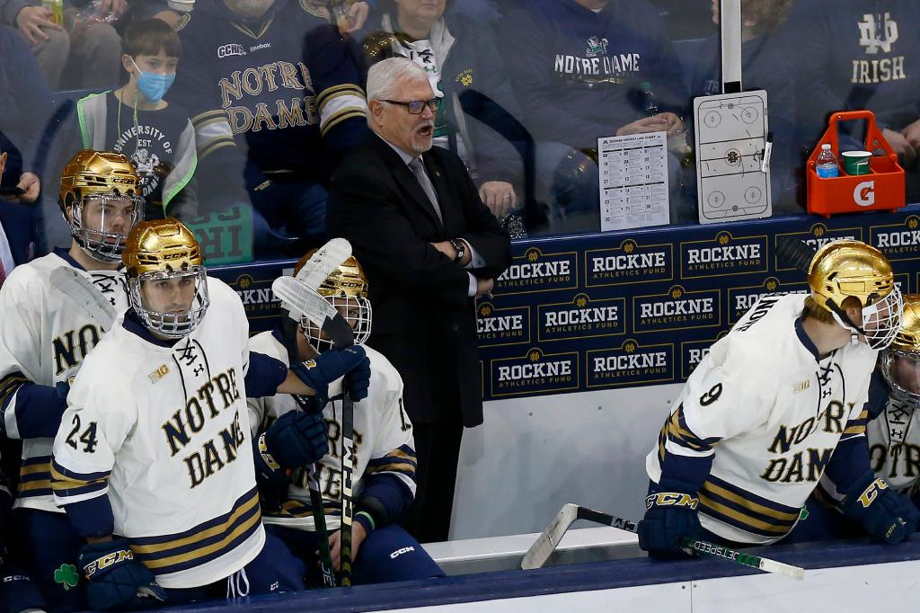 Notre Dame Fighting Irish head coach Jeff Jackson watches on during a game against Minnesota.