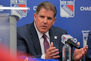 New York Rangers new head coach Peter Laviolette, speaking to the media during a press conference where Laviolette was introduced as the Rangers new head coach, at the Rangers practice facility in Tarrytown, New York