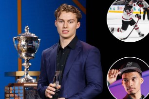 Connor Bedard, the projected No. 1 2023 NHL Draft pick, receives an award; inset: Bedard with Team Canada, NBA No. 1 pick Victor Wembanyama 