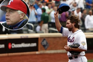 R.A. Dickey salutes the crowd at Citi Field; inset: former Rangers manager Buck Showalter