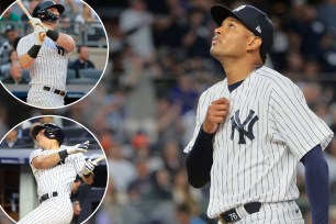 Jhony Brito, who did not allow a run, looks up to the sky after exiting the Yankees' 4-2 win in the sixth inning. Jake Bauers (top inset) and Anthony Volpe (bottom inset) also homered in the win.