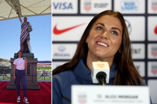 In a composite image, Alex Morgan stands in front of "Liberty Alex" statue of her, replicating the Statue of Liberty, left. Morgan answers questions during a press conference, right.