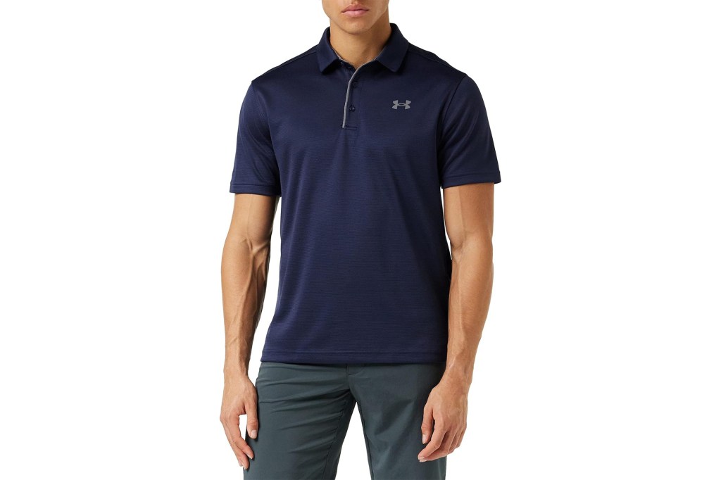 Man wearing navy blue polo shirt