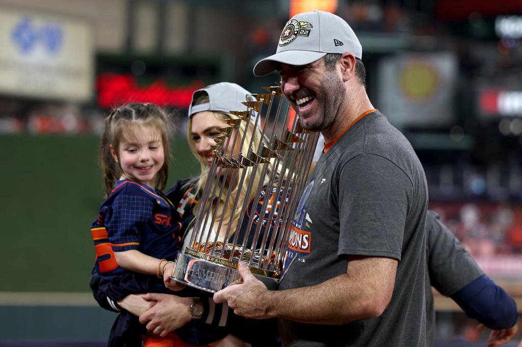 Justin Verlander #35 of the Houston Astros celebrates after defeating the Philadelphia Phillies 4-1 to win the 2022 World Series in Game Six of the 2022 World Series at Minute Maid Park on November 05, 2022 in Houston, Texas. 
