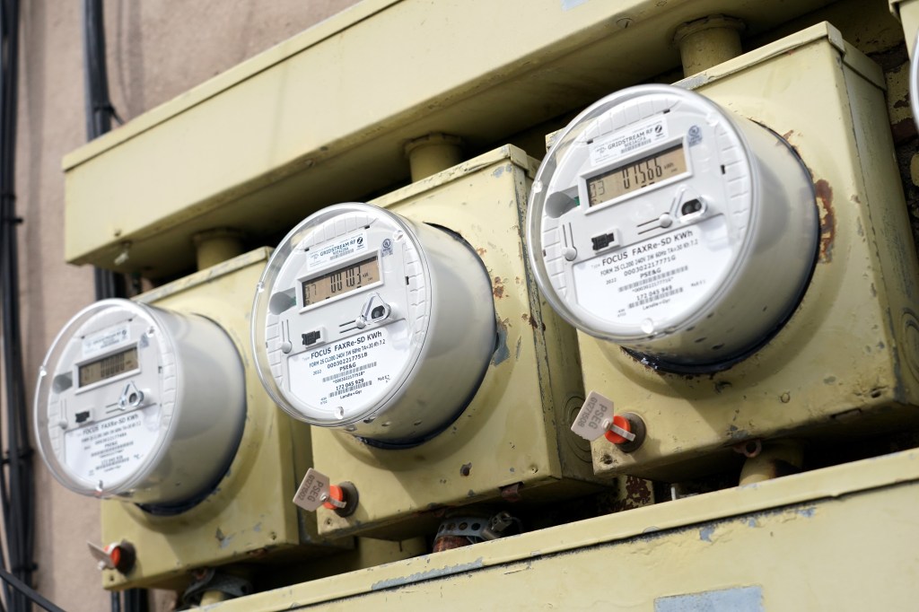 A general view of electricity meters on the side of an apartment building in Garfield, NJ on March 2, 2023. 