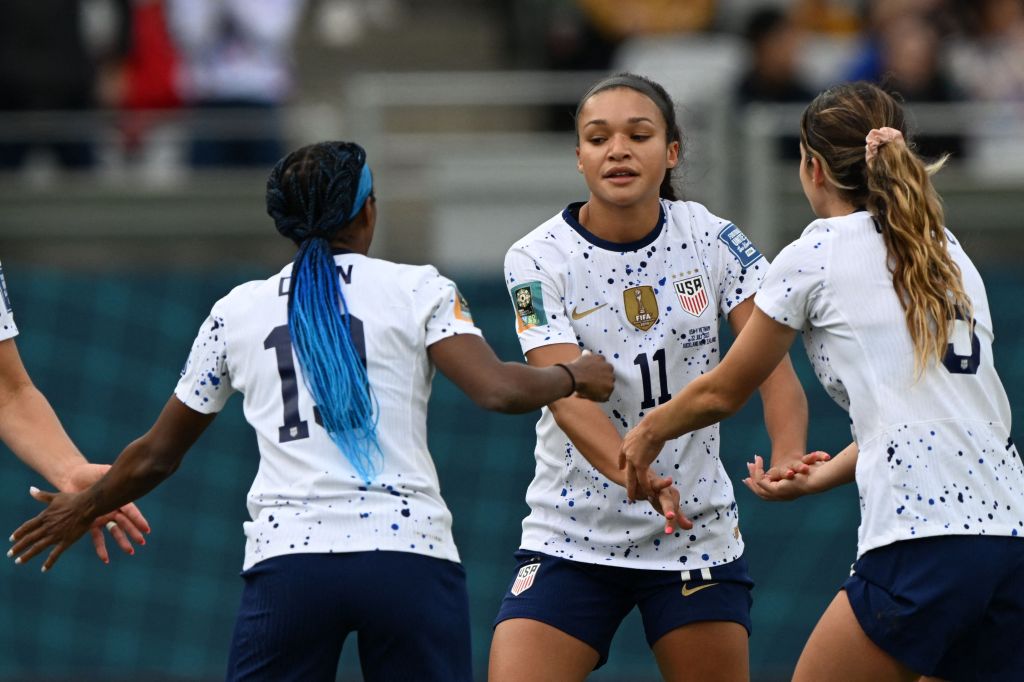 USA's forward #11 Sophia Smith celebrates scoring her team's second goal during the Australia and New Zealand 2023 Women's World Cup Group E football match between the United States and Vietnam at Eden Park in Auckland on July 22, 2023.