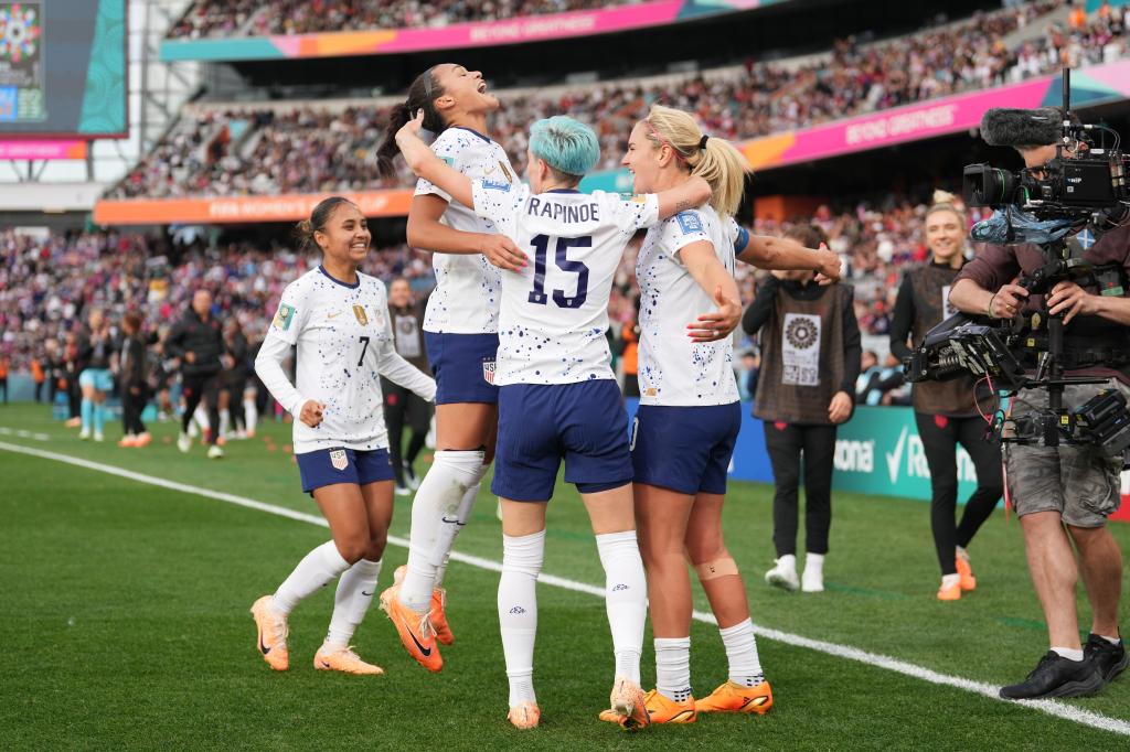 Lindsey Horan #10 of the United States celebrates scoring with Sophia Smith #11 and Megan Rapinoe #15 during the second half of the FIFA Women's World Cup Australia & New Zealand 2023 Group E match between USA and Vietnam at Eden Park on July 22, 2023.