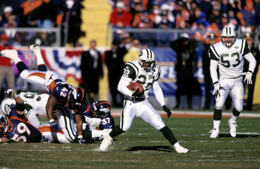 New York Jets running back Dave Meggett carries the football on a kickoff return during the Jets 23-10 loss to the Denver Broncos in the 1998 AFC Championship Game.