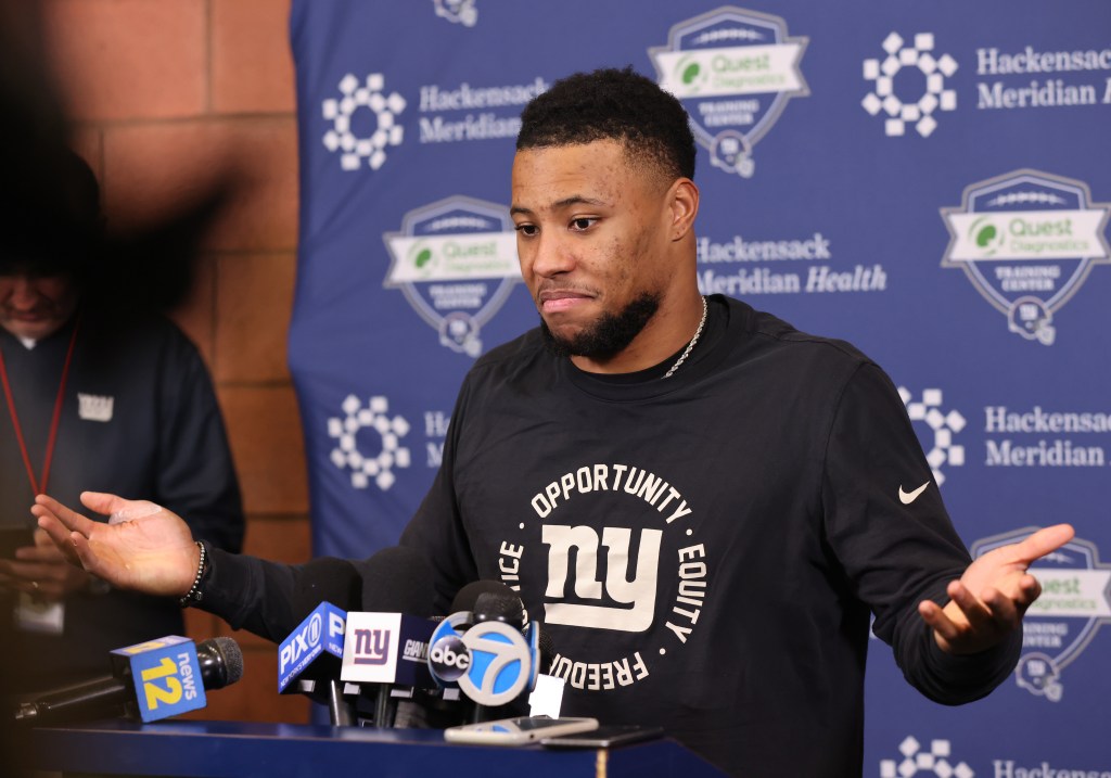 Giants running back Saquon Barkley #26, speaking to the media after practice at the Giants training facility
