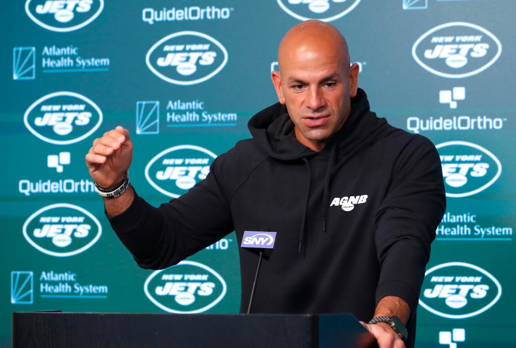 Robert Saleh answers questions from media during New York Jets OTA.
