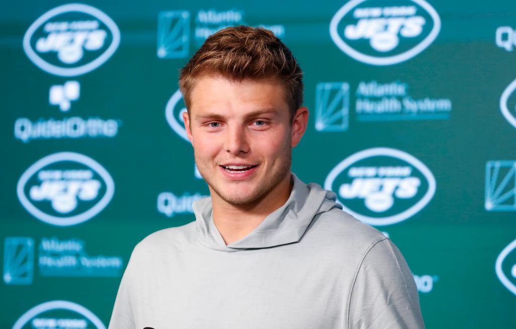 New York Jets quarterback Zach Wilson answers questions from reporters during New York Jets OTA.