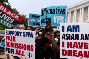 Demonstrators gathered outside of the Supreme Court Building after the court struck down affirmative action in college admissions on June 29, 2023.