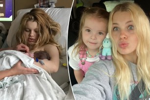 On left: Maddie Lambert giving birth; on right: Maddie Lambert and daughter Everly taking selfie in the car