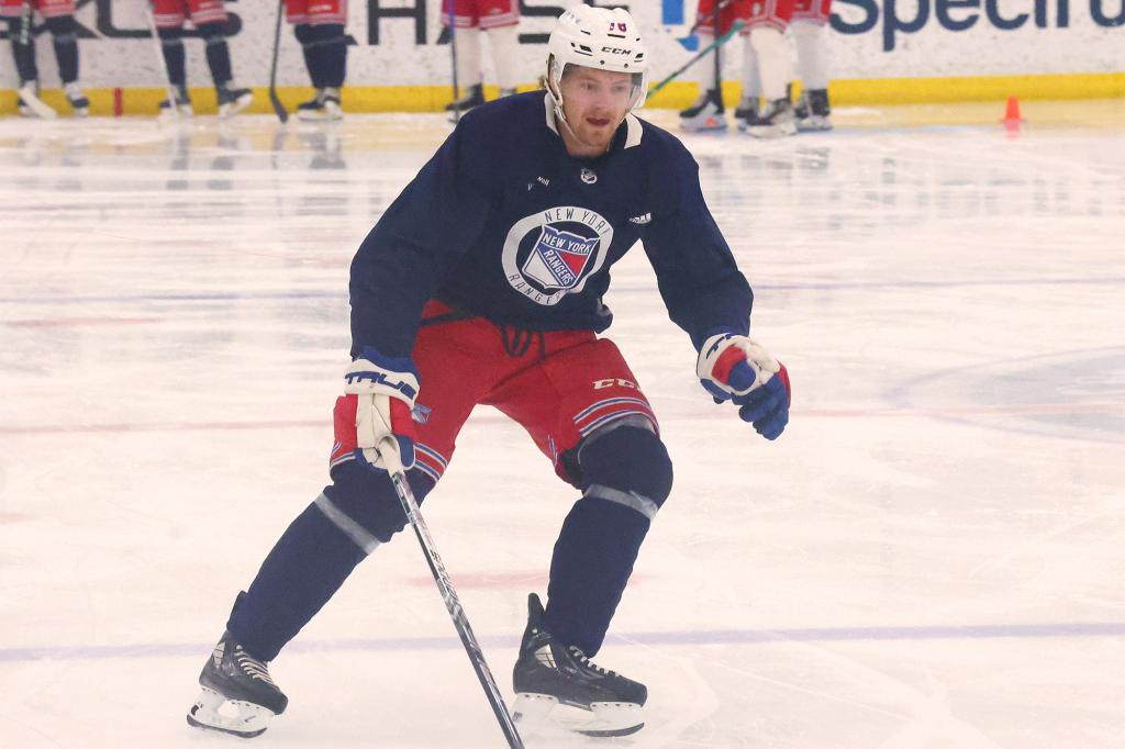 Brennan Othmann participates in a drill at Rangers development camp on Sunday.