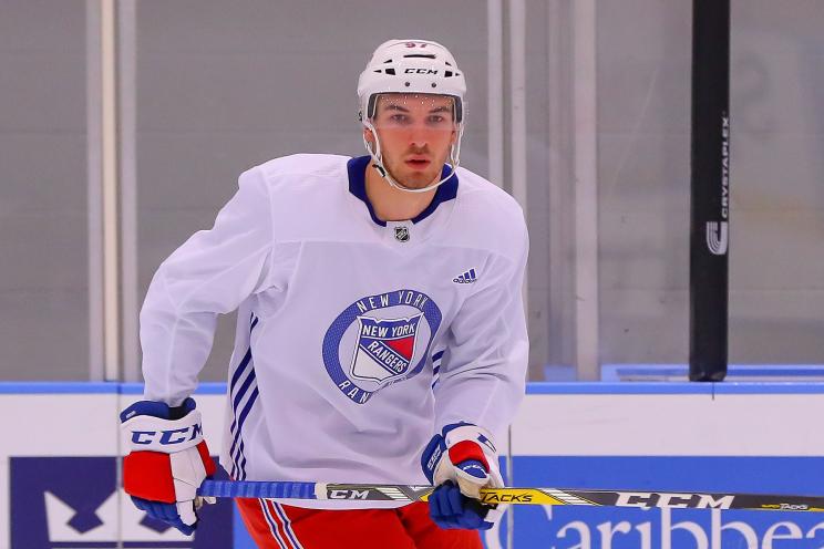 New York Rangers Left Wing Tim Gettinger (97) skates during New York Rangers Prospect Development Camp on June 29, 2018 at the MSG Training Center in New York, NY.