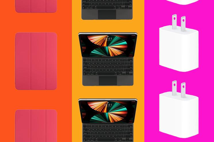 iPad accessories repeat on a orange, yellow, and pink striped background.