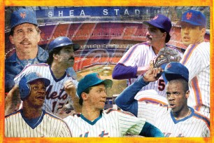 Clockwise from top right: Sid Fernandez, Ron Darling, Dwight Gooden, David Cone, Darryl Strawberry, Keith Hernandez and Davey Johnson of the 1988 Mets