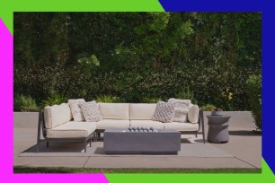 A white Outer couch set with a grey fire pit in front.