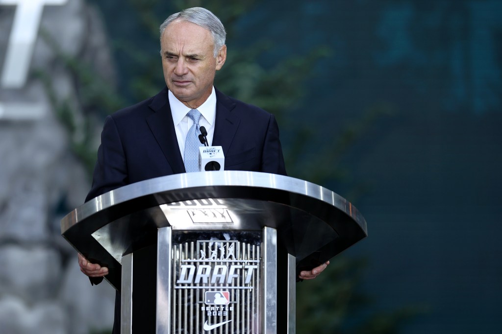 Major League Baseball commissioner Rob Manfred looks on during the 2023 MLB Draft