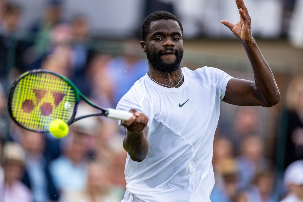 Frances Tiafoe in action against Novak Djokovic on day three of the Giorgio Armani Tennis Classic at The Hurlingham Club, London. Picture date: Thursday June 29, 2023.