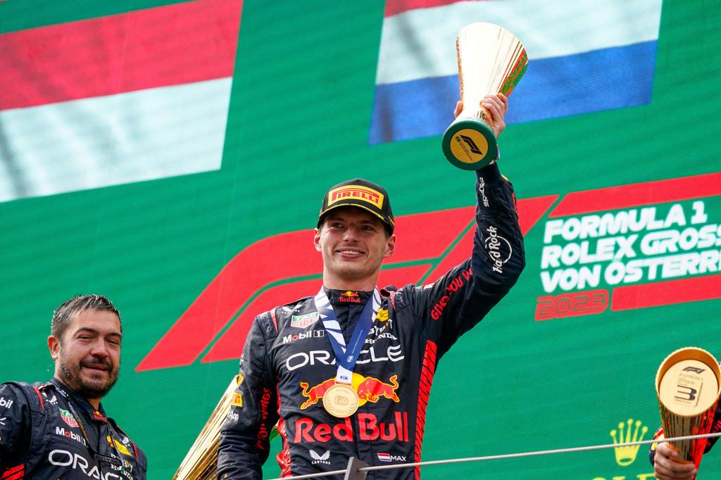 Max Verstappen of Netherlands driving the (1) Oracle Red Bull Racing RB19 Honda RBPT on the podium during the Formula 1 Rolex Grand Prix of Austria 2023 on July 2nd, 2023 in Spielberg, Austria. 