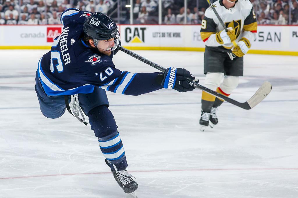 Blake Wheeler #26 of the Winnipeg Jets releases a shot during second period action against the Vegas Golden Knights in Game Four of the First Round of the 2023 Stanley Cup Playoffs at Canada Life Centre on April 24, 2023 in Winnipeg, Manitoba, Canada. 