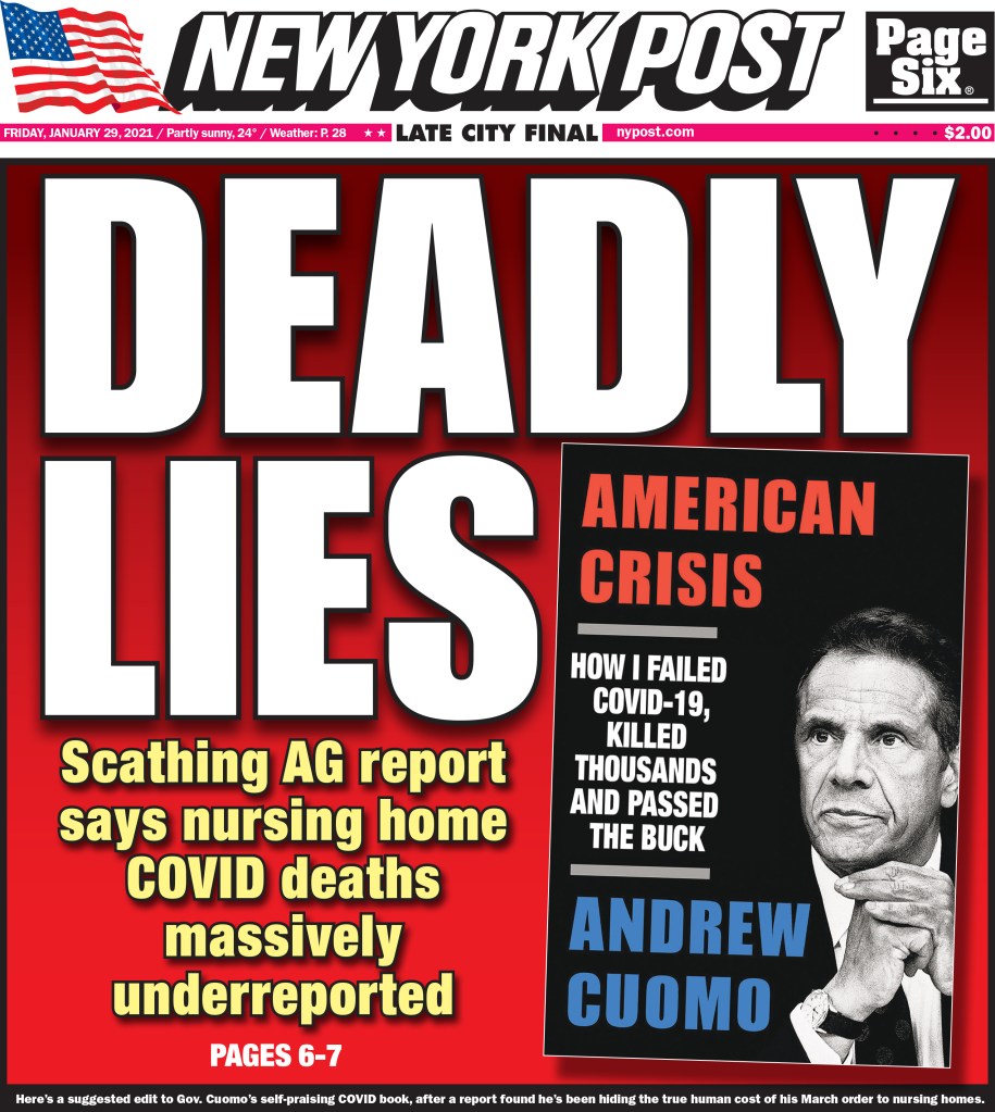 New York Post cover for Friday, January 29, 2021.