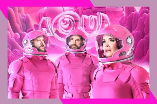 Aqua poses in pink astronaut suits.