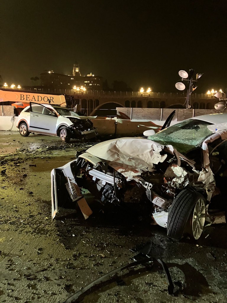 Officials say Pullos drove over a barrier and slammed into another car head-on on a freeway in Pasadena, California.