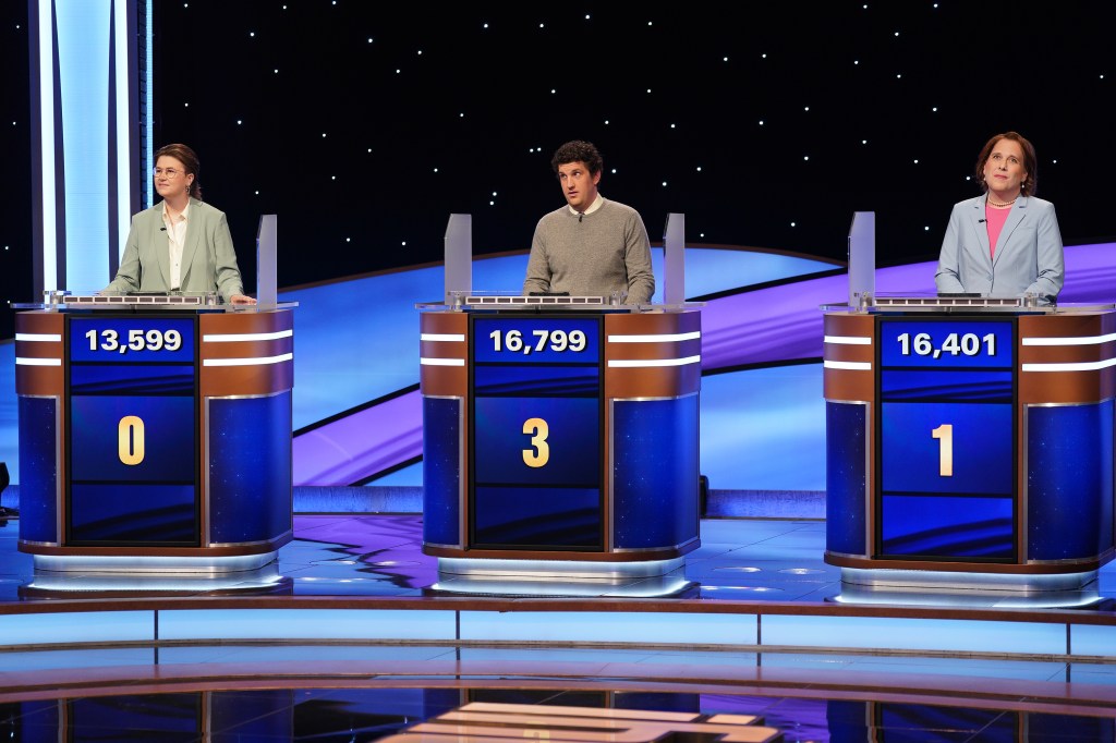 Three contestants compete in "Jeopardy!"