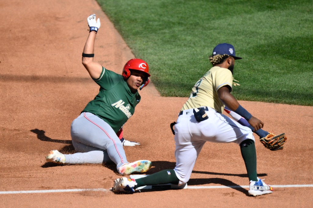 Third baseman Noelvi Marte steals third base against the American League during the second inning of All Star-Futures.