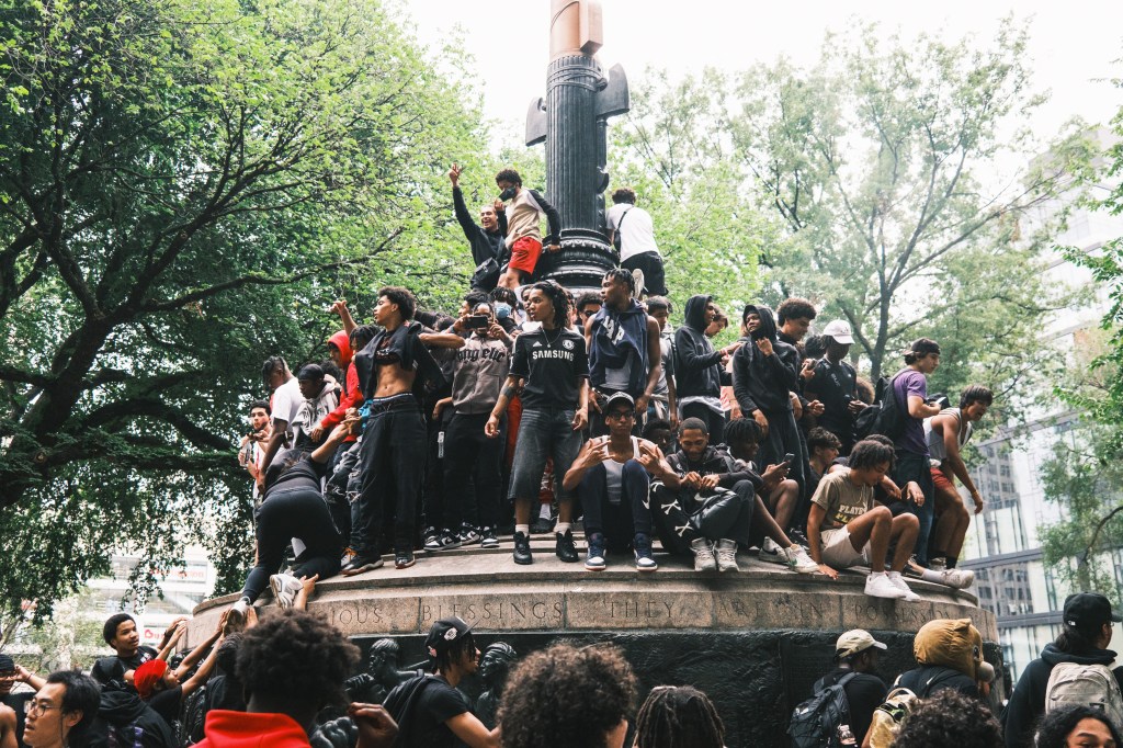 A mob of teens during the Union Square riot