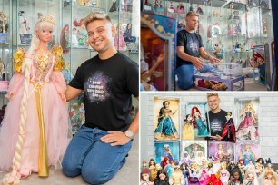 Man posing with dolls