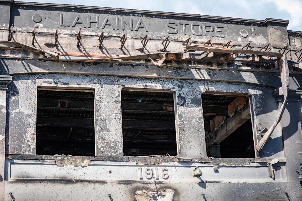 The shell of a building damaged in the Maui wildfires stands in Lahaina.
