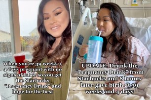 (Left) Mika Laidler, a mom of four from California, drinking the TikTok-viral "Starbucks Pregnancy drink" at 39 weeks and four days pregnant. (Right) Laidler postpartum only eight hours after drinking the Starbucks tea. 