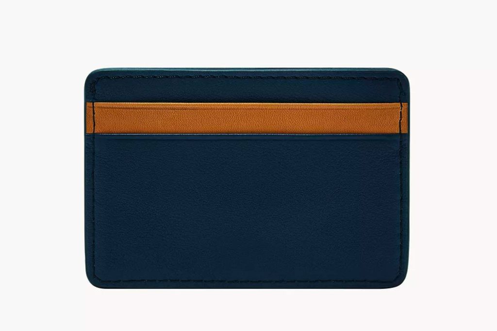 A blue card wallet with brown leather trim.