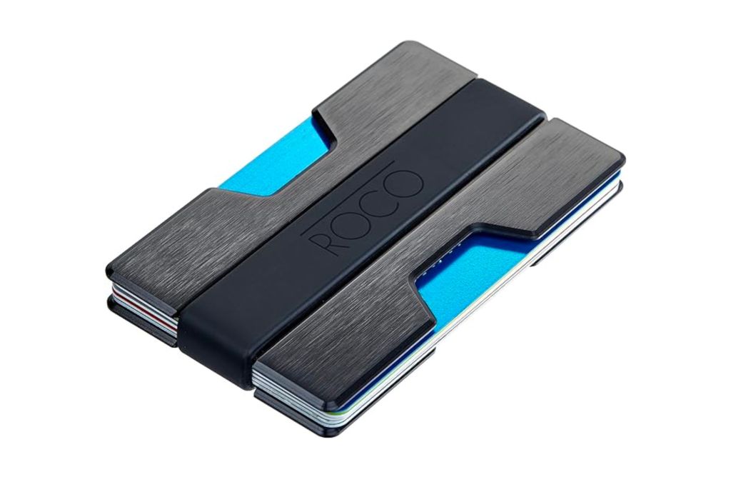 A slim metal wallet with credit cards.