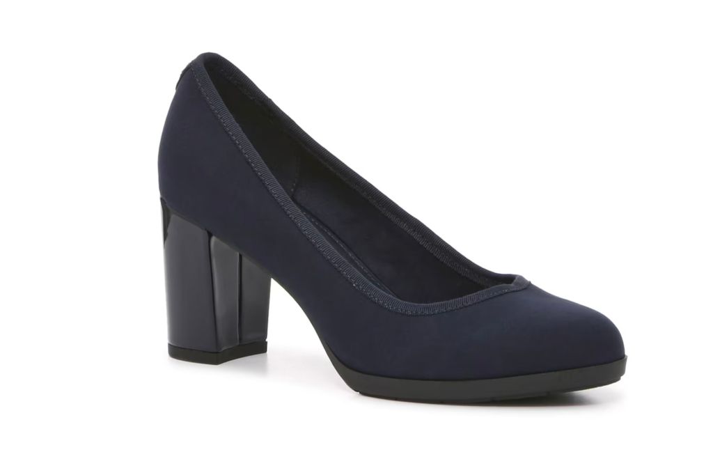 A navy blue suede pump