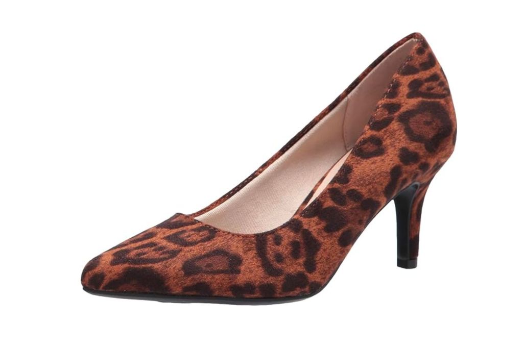 A leopard printed shoe with a kitten heel