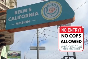 Composite image: Reem's Bakery San Francisco, "no cops allowed sign"