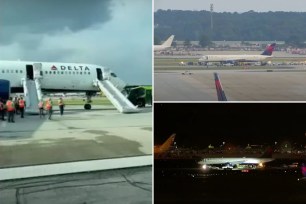 Dramatic video captured Delta Air Line passengers evacuating a plane on slides after it blew a tire that burst into flames upon landing in Atlanta.
