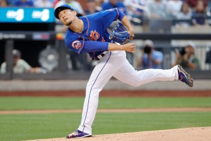 New York Mets starting pitcher Kodai Senga throws to the Chicago Cubs in the first inning at Citi Field in Queens, New York, Monday, August 07, 2023.