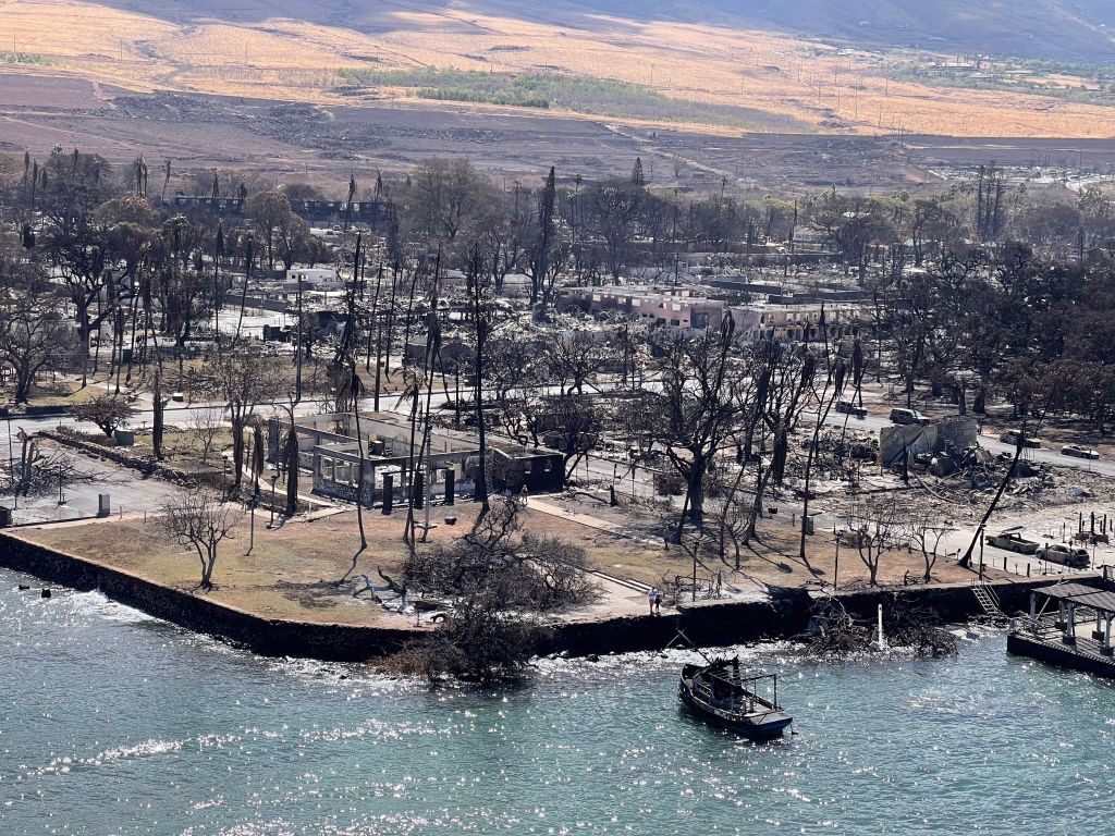 an aerial view of the wildfire aftermath in Lahaina on Maui, Hawaii, on 11 August 2023 